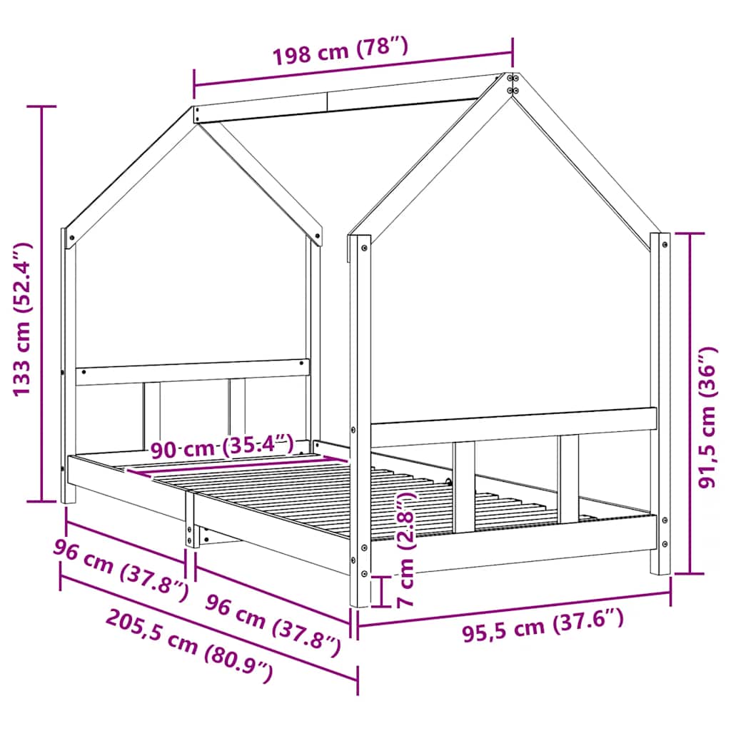 Kids Bed Frame 90x200 cm Solid Wood Pine
