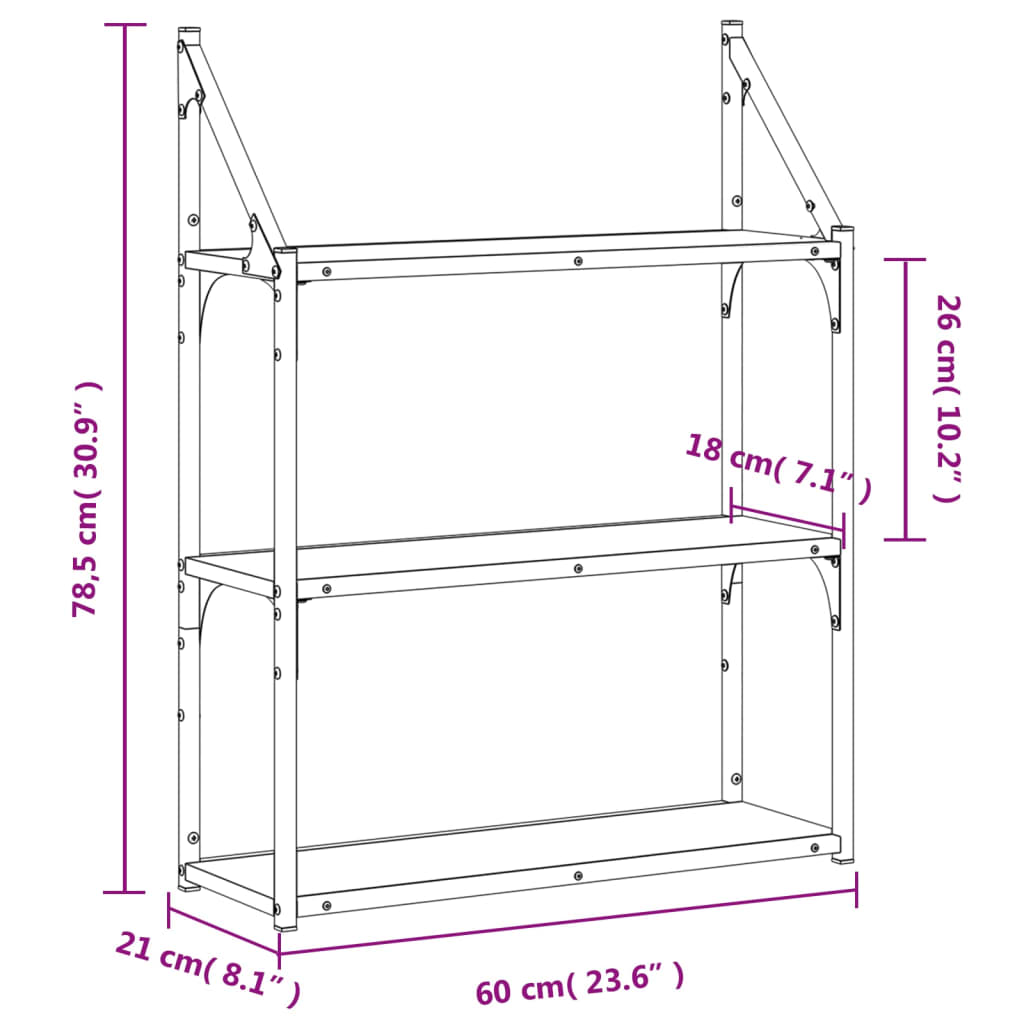 3-Tier Wall Shelf Sonoma Oak 60x21x78.5 cm Engineered Wood