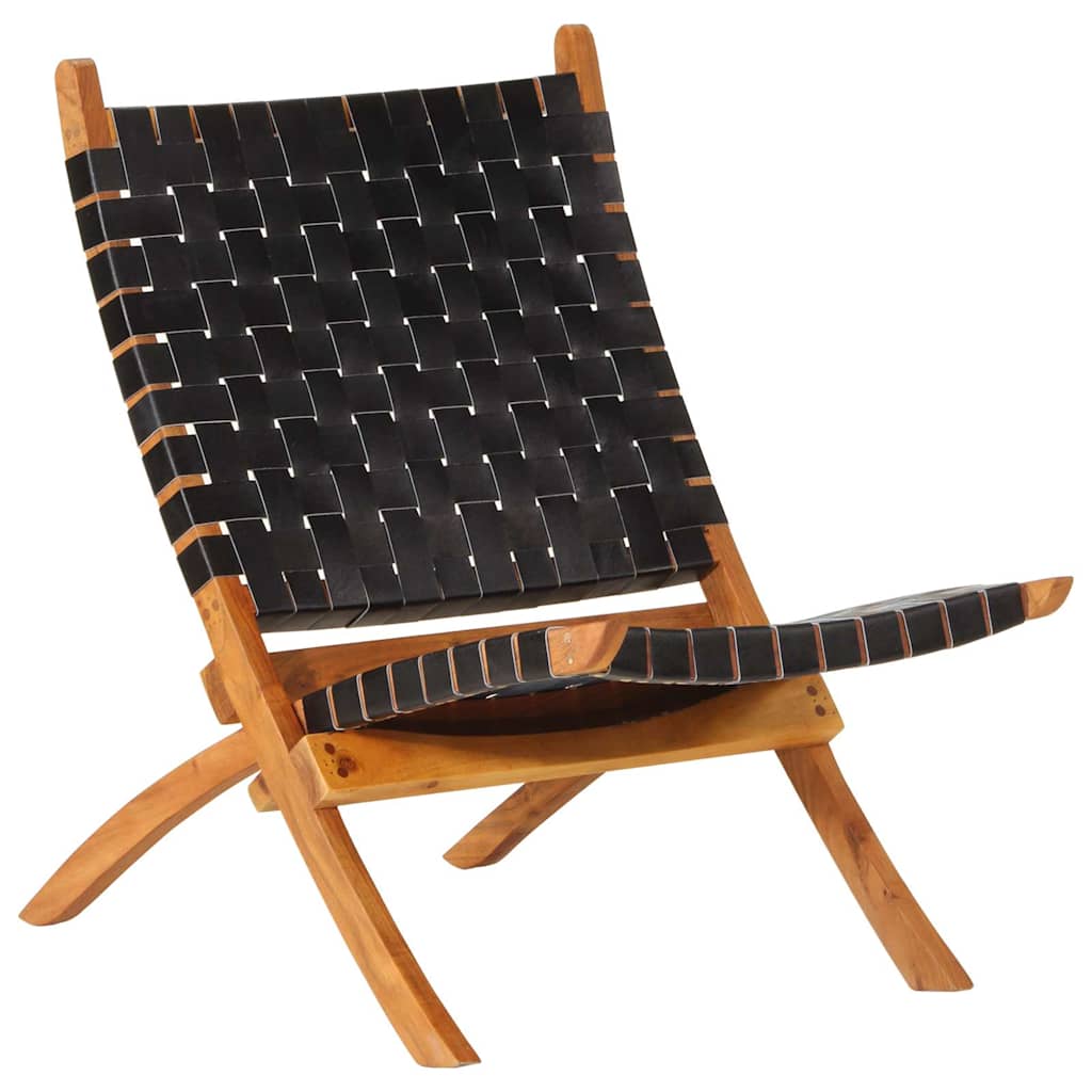 Folding Chair Black Real Leather