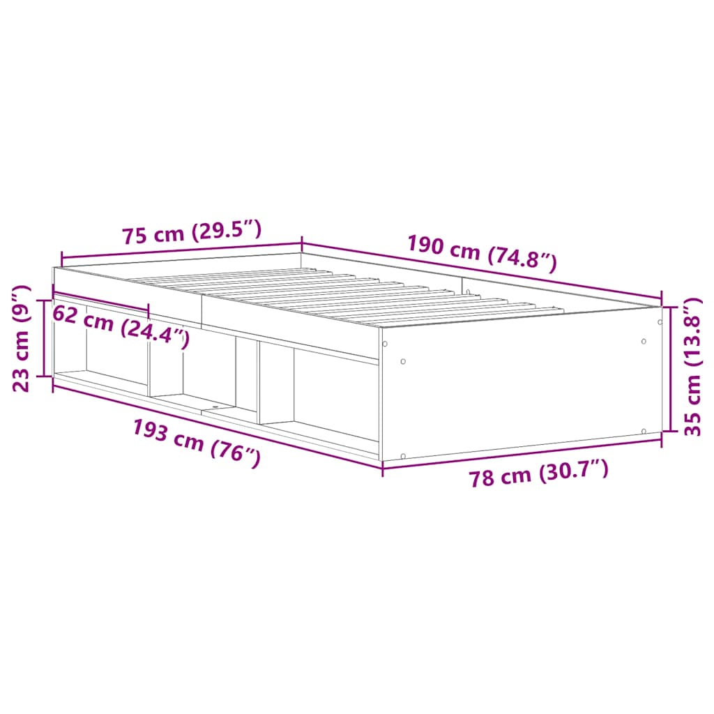 Bed Frame without Mattress Sonoma Oak 75x190 cm Small Single Small Single