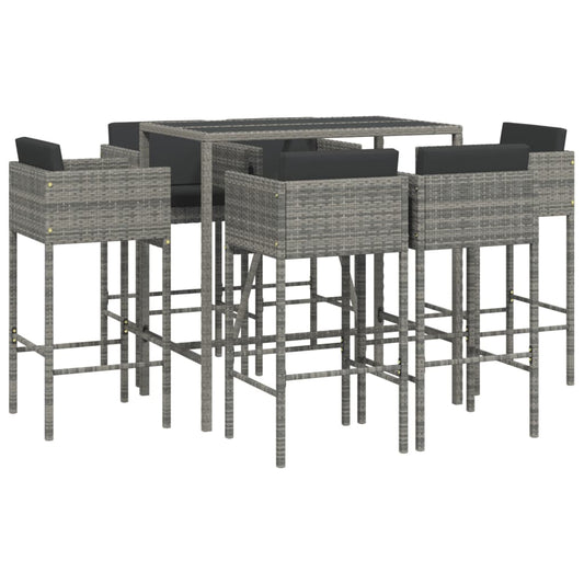 7 Piece Garden Bar Set with Cushions Grey Poly Rattan