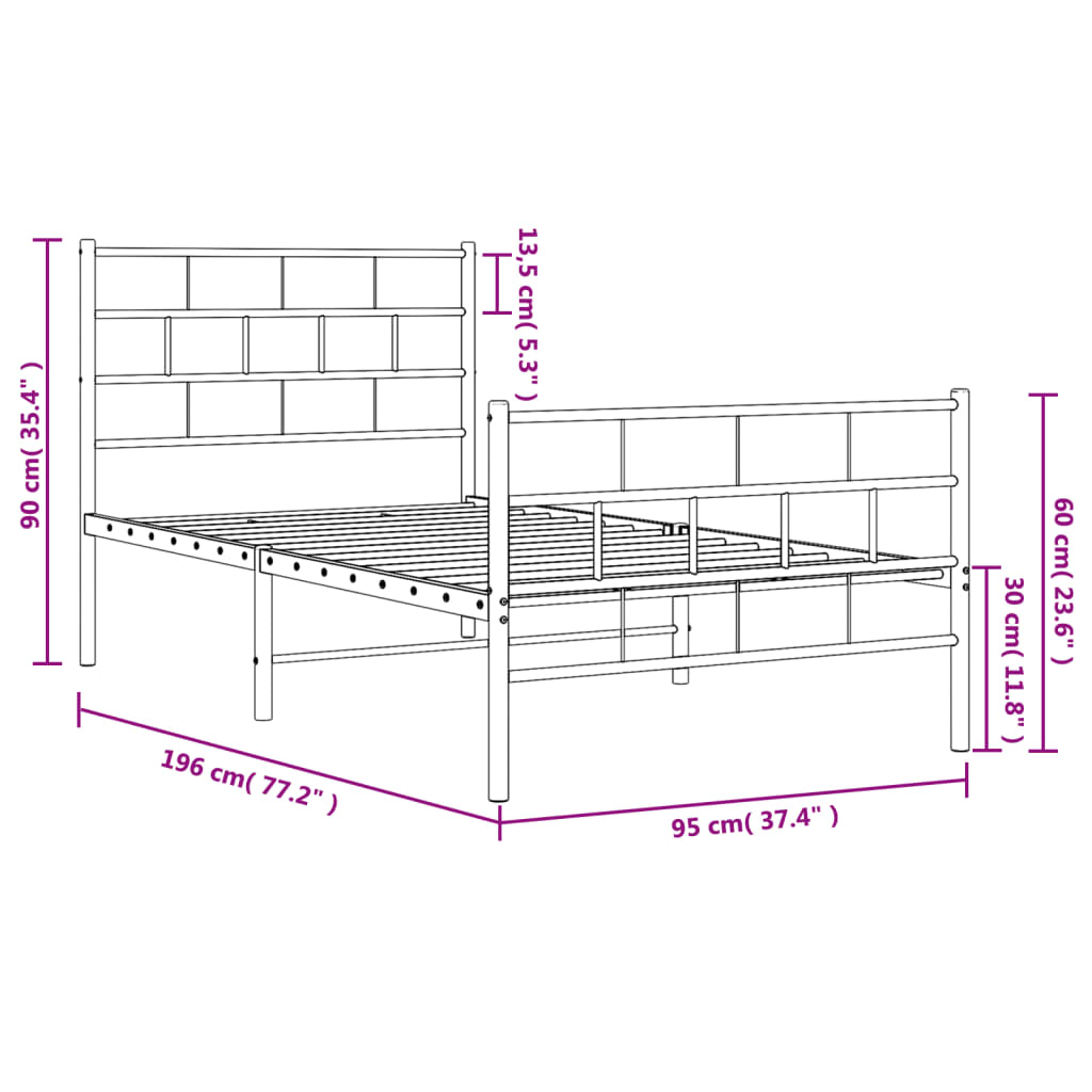 Metal Bed Frame without Mattress with Footboard Black 90x190cm