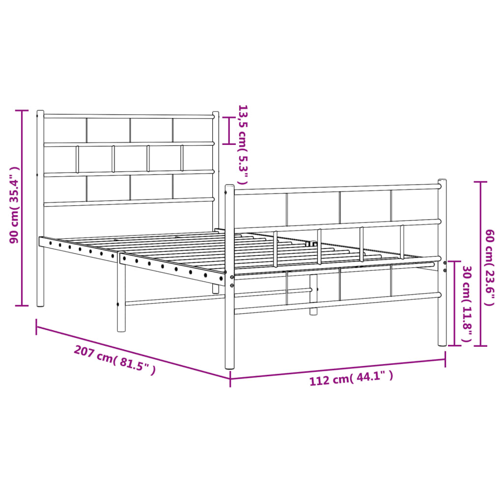 Metal Bed Frame without Mattress with Footboard Black 107x203cm