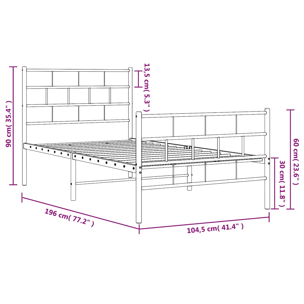 Metal Bed Frame without Mattress with Footboard White 100x190cm
