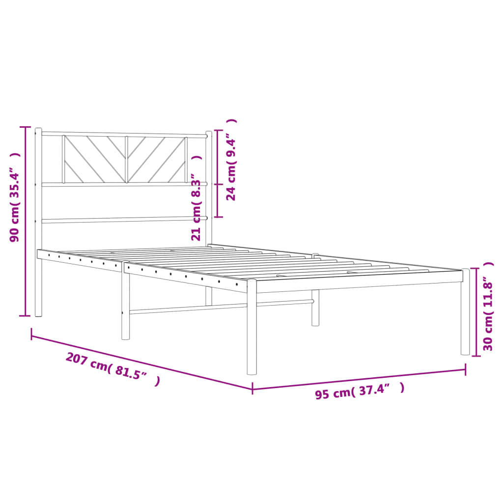 Metal Bed Frame without Mattress with Headboard Black 90x200cm