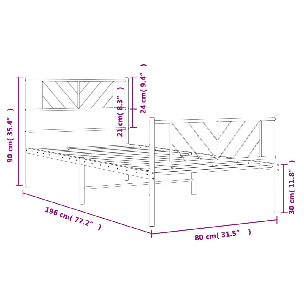 Metal Bed Frame without Mattress with Footboard White 75x190cm