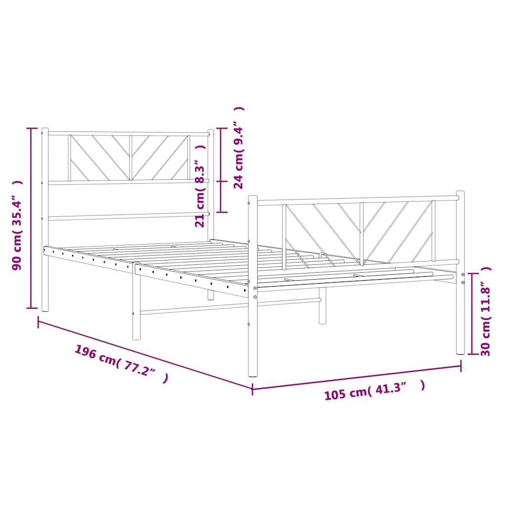 Metal Bed Frame without Mattress with Footboard White 100x190cm