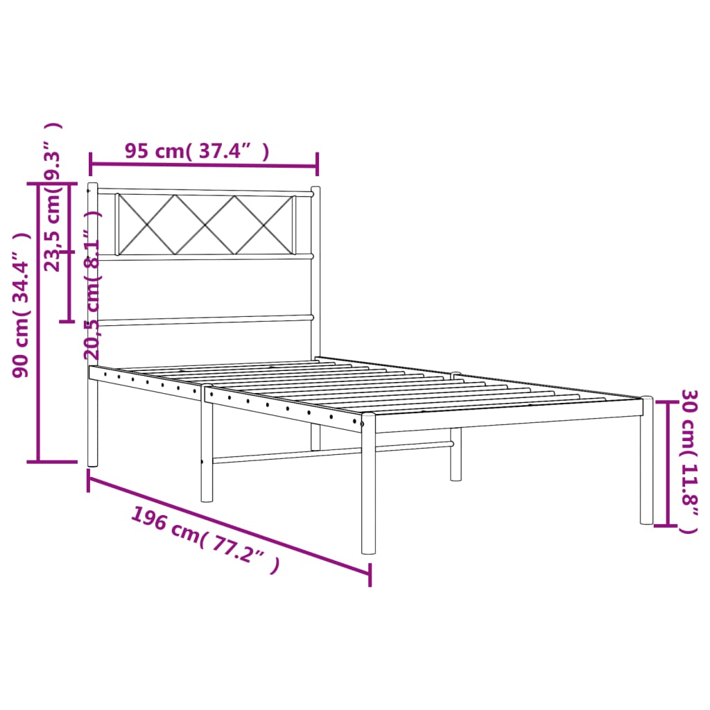 Metal Bed Frame without Mattress with Headboard Black 90x190cm