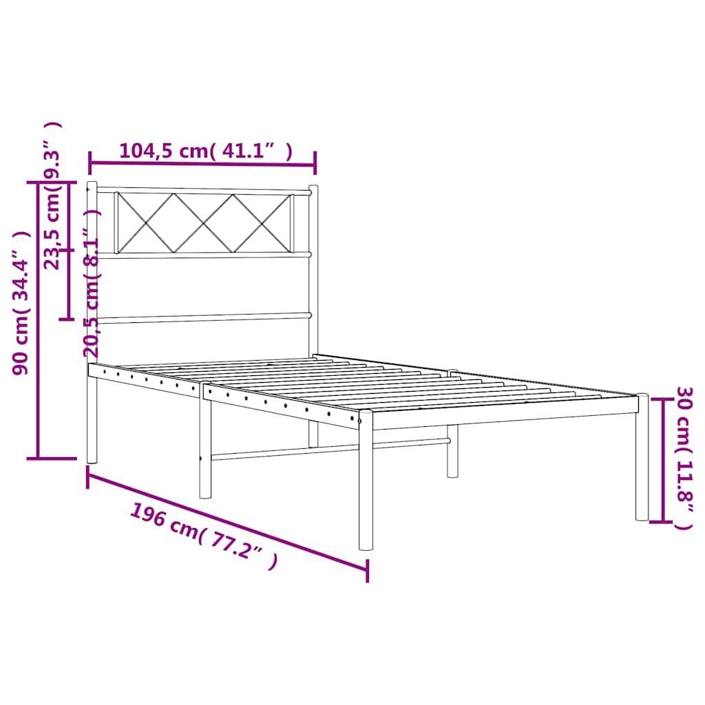Metal Bed Frame without Mattress with Headboard Black 100x190cm