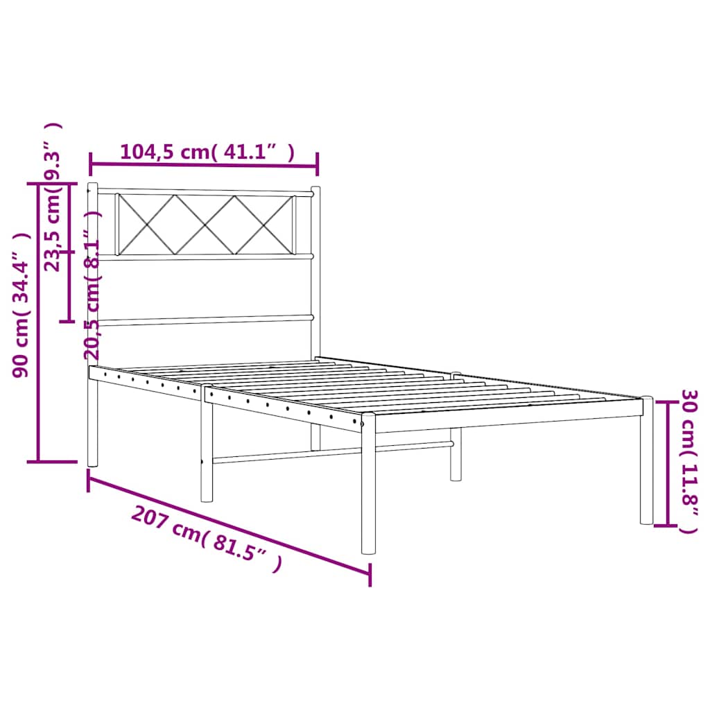 Metal Bed Frame without Mattress with Headboard Black 100x200cm