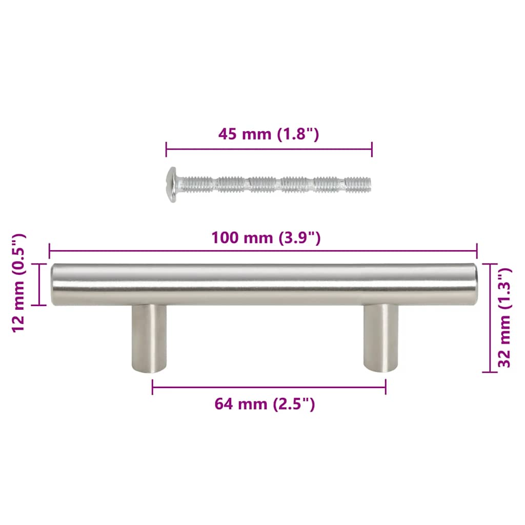 Cabinet Handles 10 pcs Silver Hole Centre 64 mm Overall Length 100 mm Stainless Steel