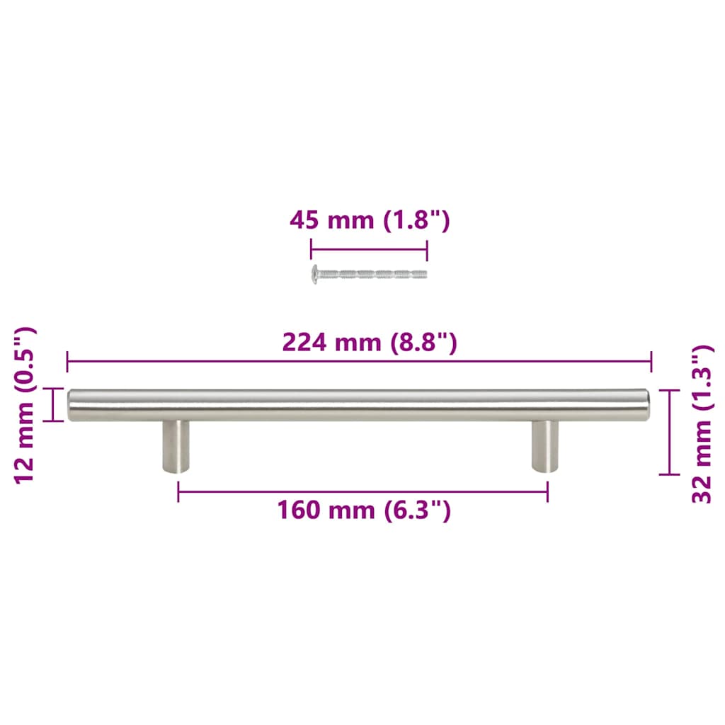 Cabinet Handles 10 pcs Silver Hole Centre 160 mm Overall Length 224 mm Stainless Steel