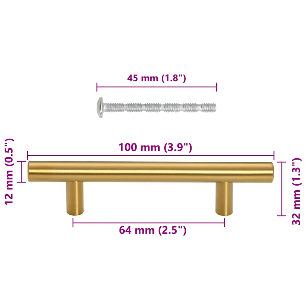 Cabinet Handles 10 pcs Gold Hole Centre 64 mm Overall Length 100 mm Stainless Steel
