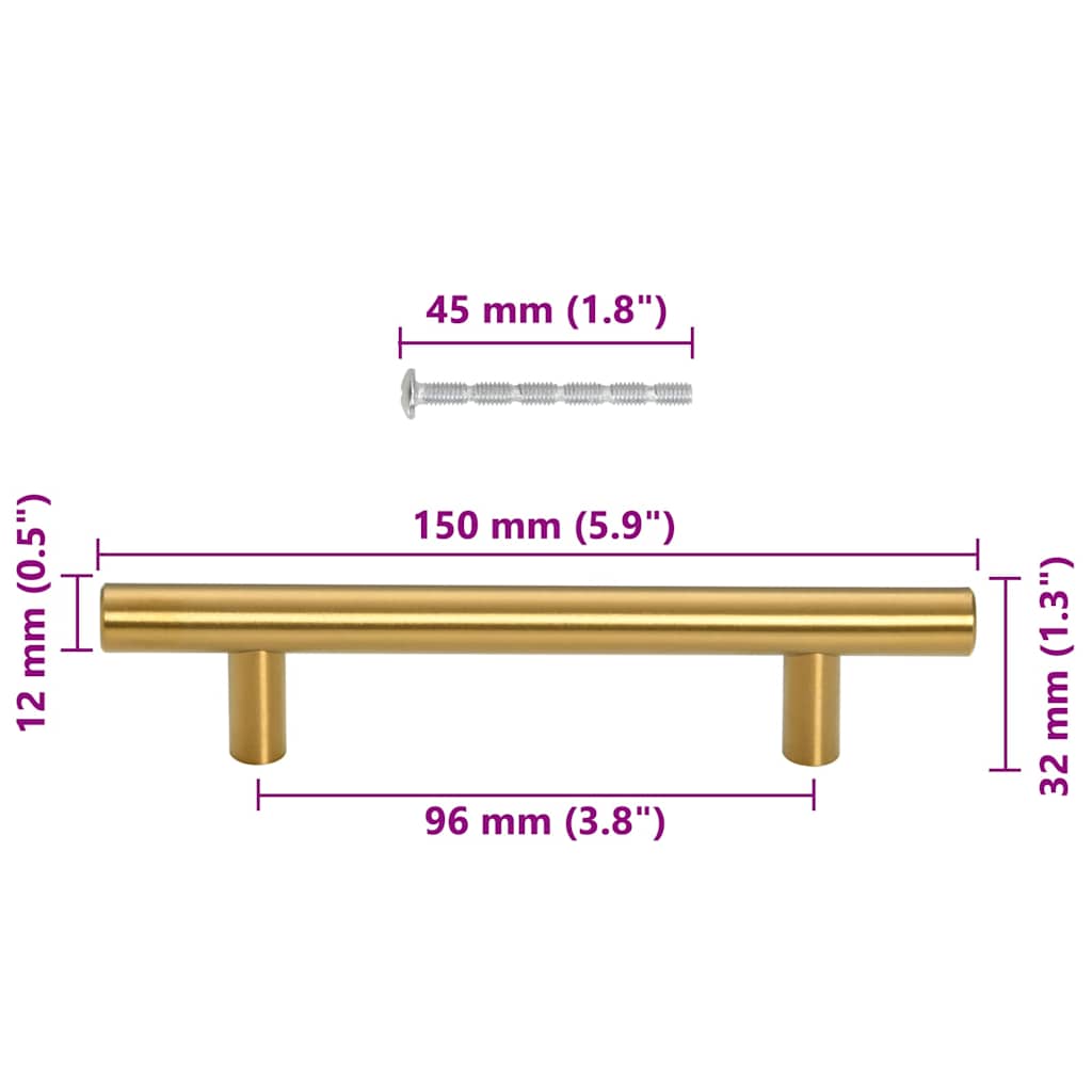 Cabinet Handles 10 pcs Gold Hole Centre 96 mm Overall Length 150 mm Stainless Steel