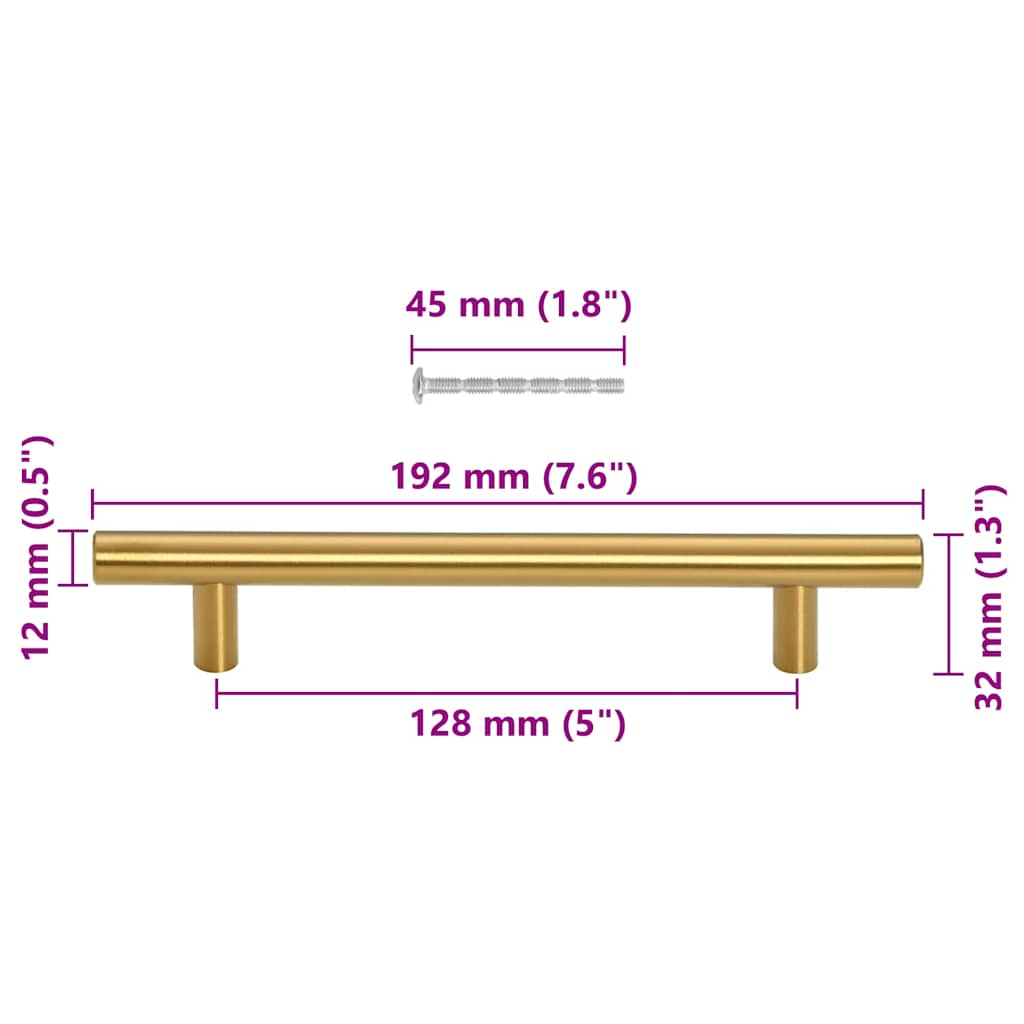 Cabinet Handles 10 pcs Gold Hole Centre 128 mm Overall Length 192 mm Stainless Steel