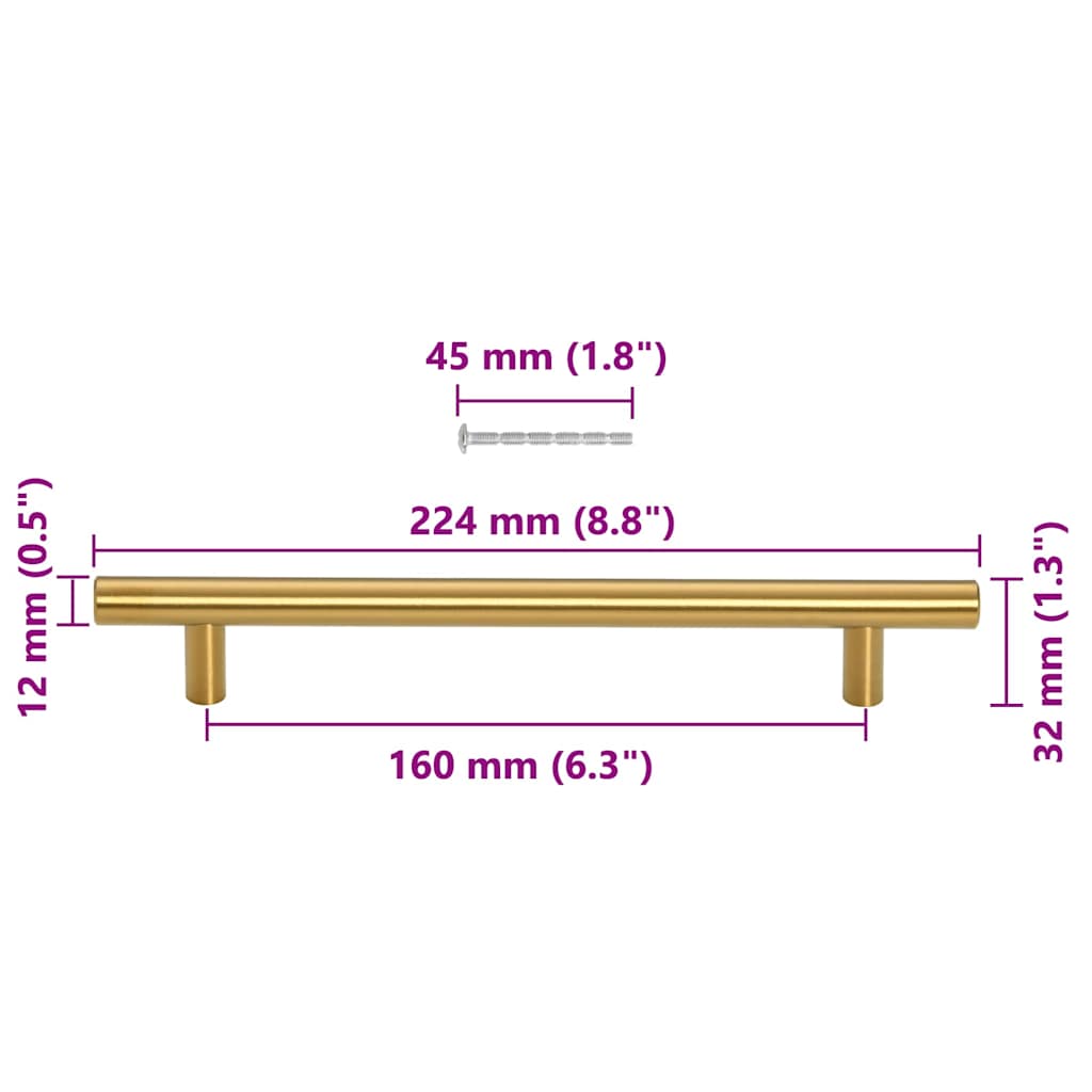Cabinet Handles 10 pcs Gold Hole Centre 160 mm Overall Length 224 mm Stainless Steel