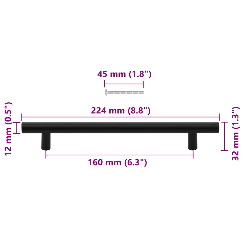 Cabinet Handles 10 pcs Black Hole Centre 160 mm Overall Length 224 mm Stainless Steel