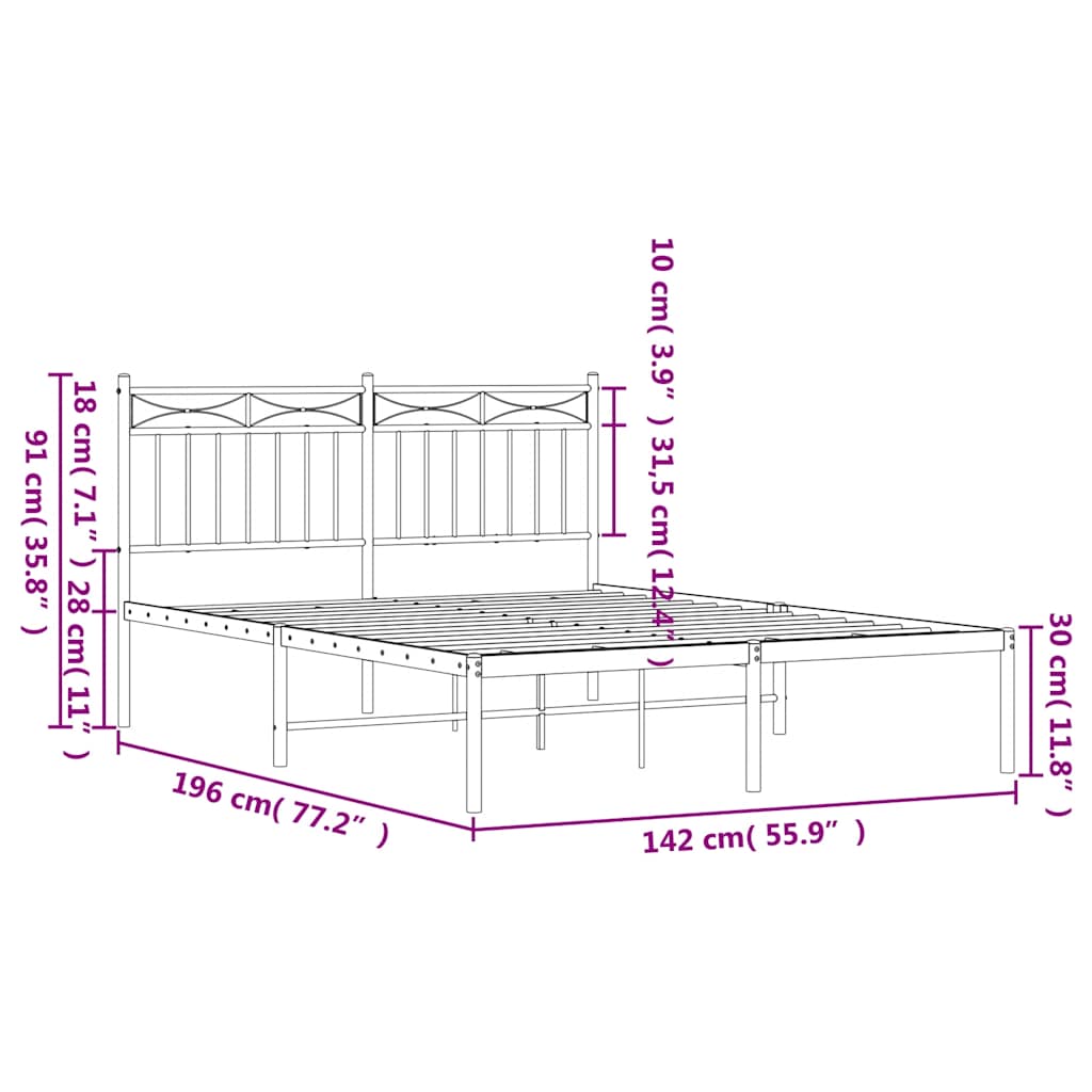 Metal Bed Frame without Mattress with Headboard Black 135x190cm