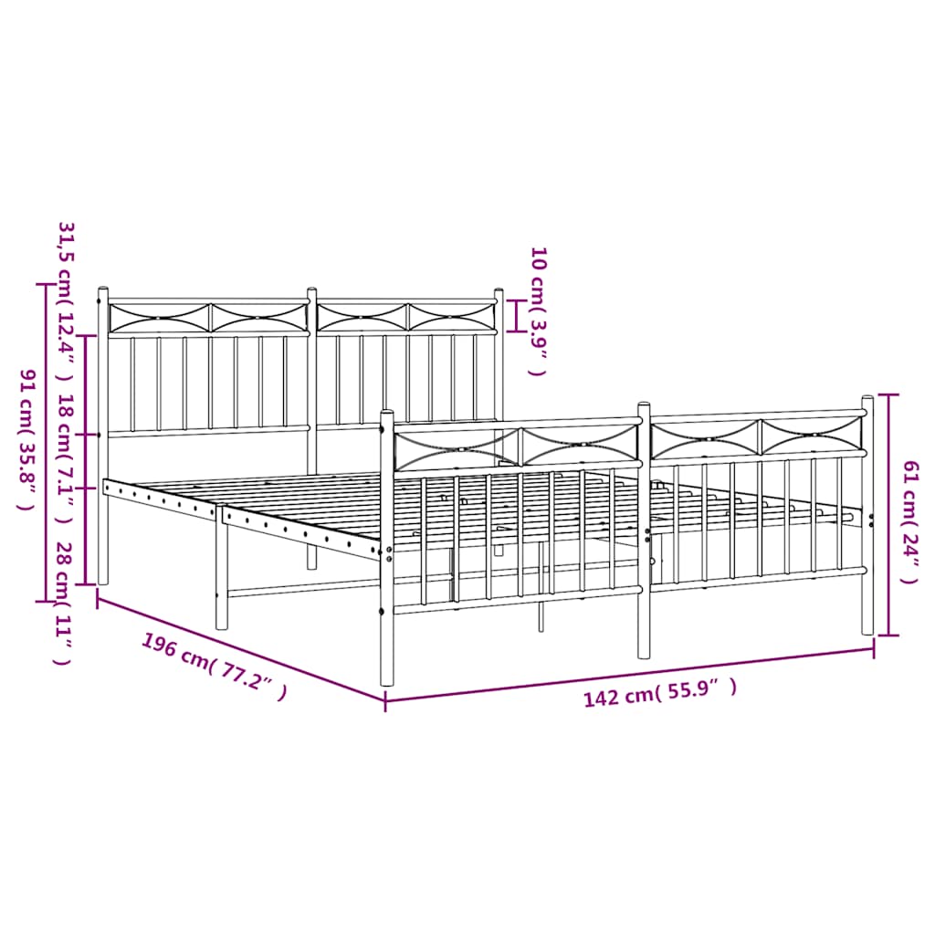 Metal Bed Frame without Mattress with Footboard Black 135x190cm