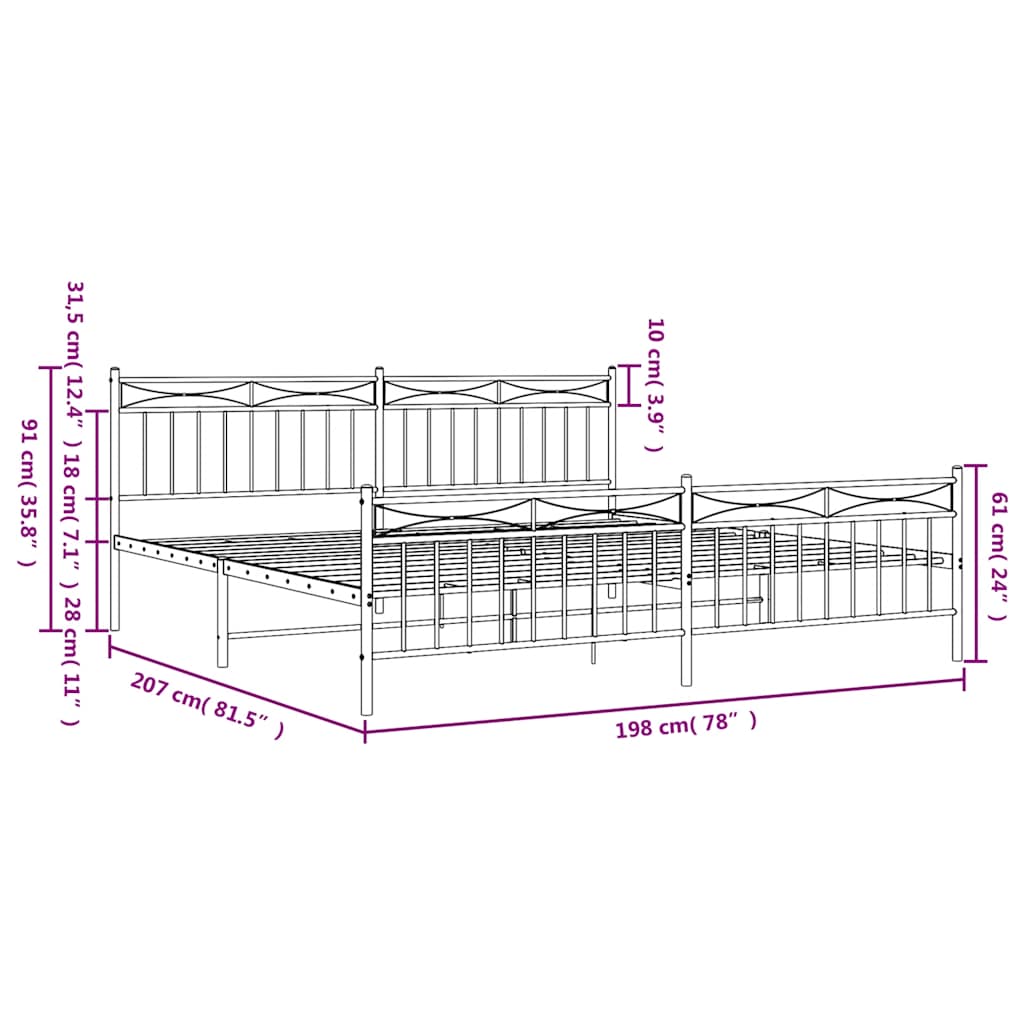 Metal Bed Frame without Mattress with Footboard Black 193x203cm