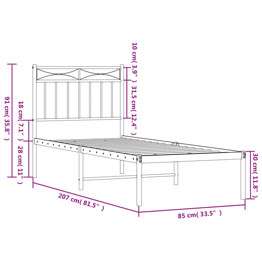 Metal Bed Frame without Mattress with Headboard White 80x200cm