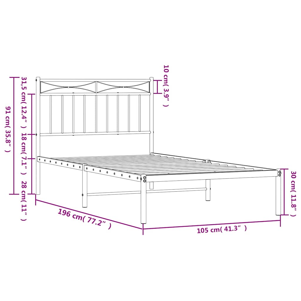 Metal Bed Frame without Mattress with Headboard White 100x190cm