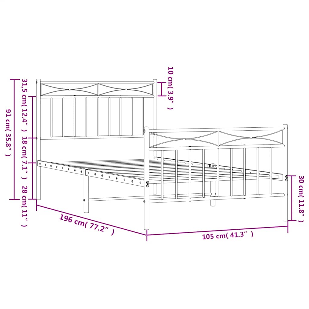 Metal Bed Frame without Mattress with Footboard White 100x190cm