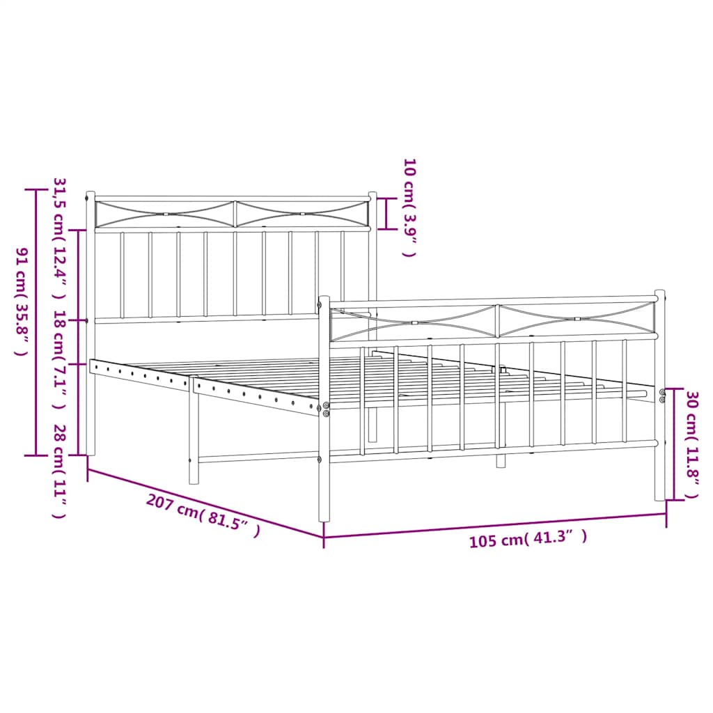 Metal Bed Frame without Mattress with Footboard White 100x200cm