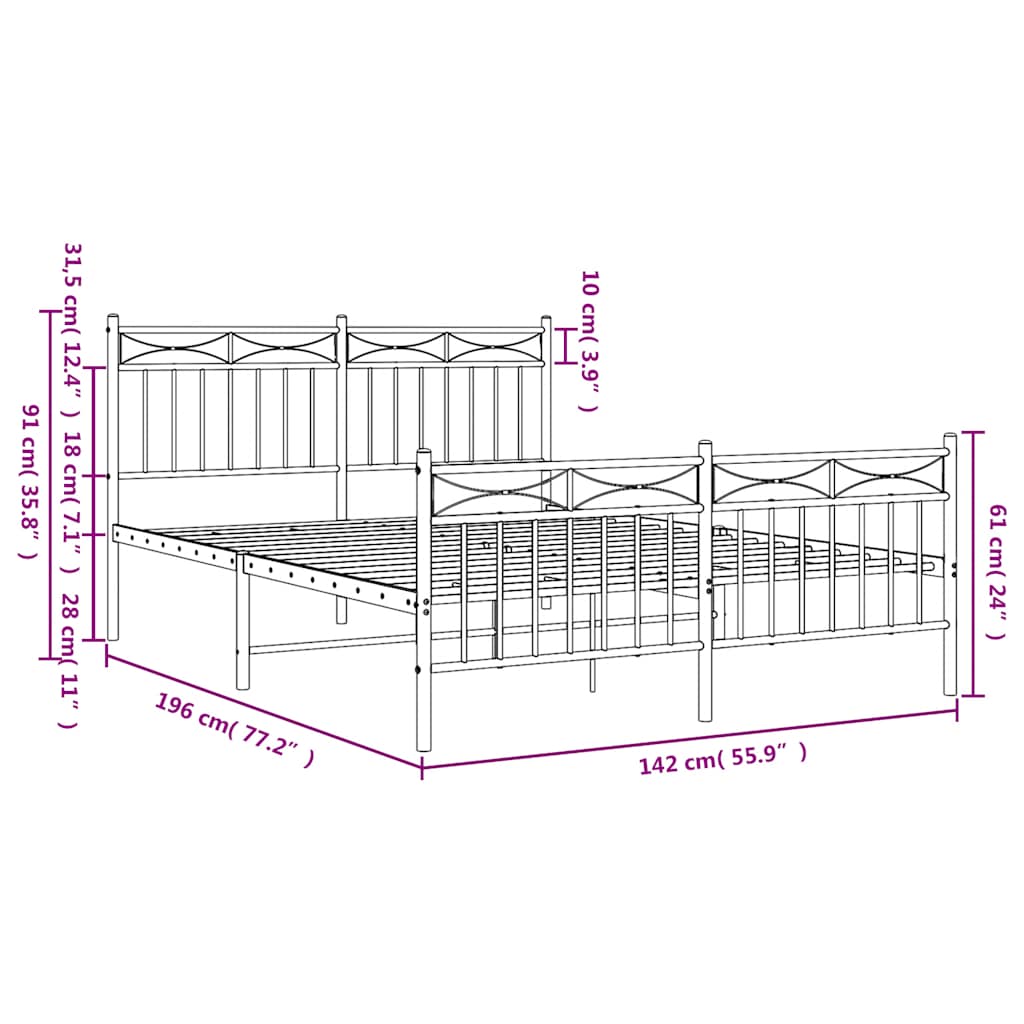 Metal Bed Frame without Mattress with Footboard White 135x190cm