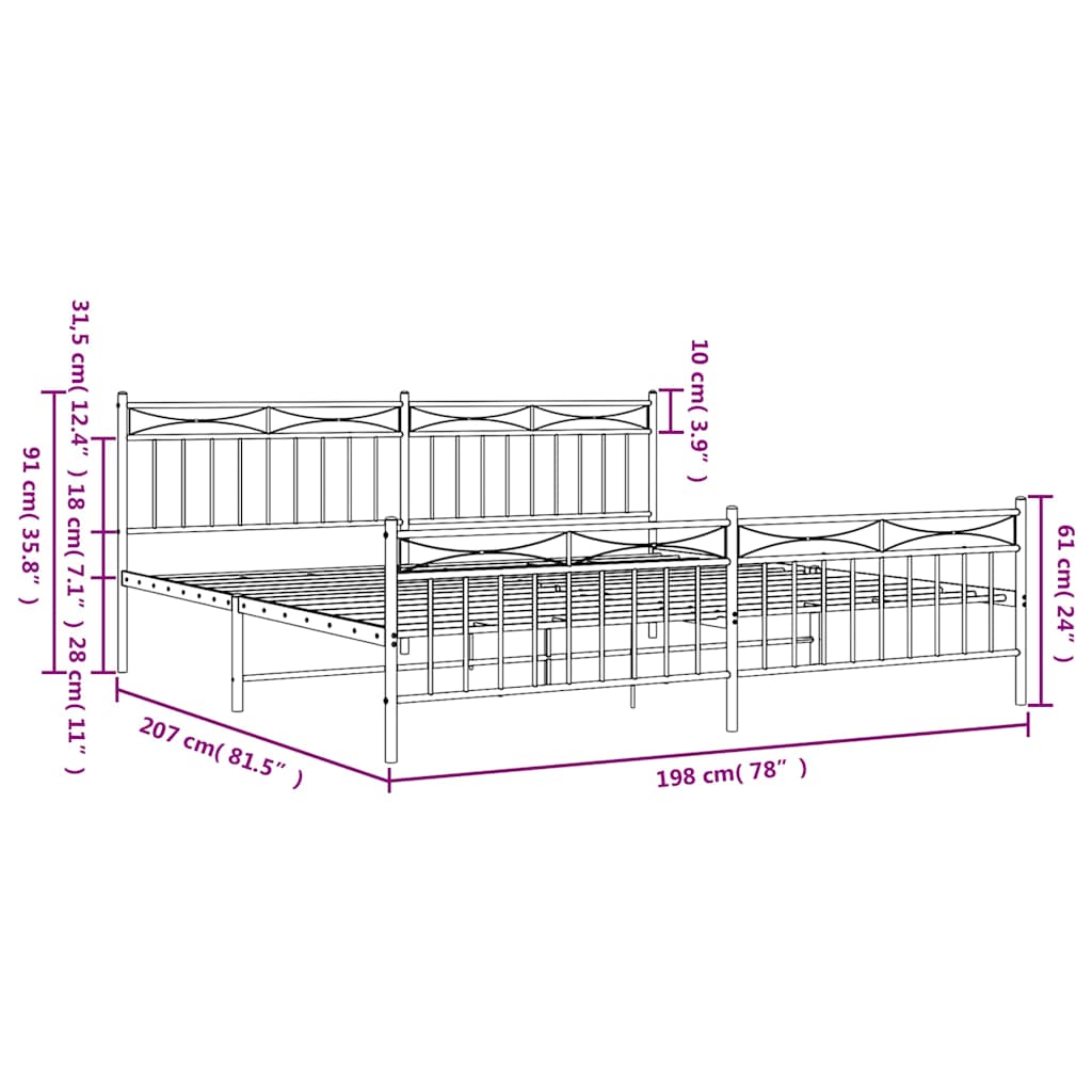 Metal Bed Frame without Mattress with Footboard White 193x203cm