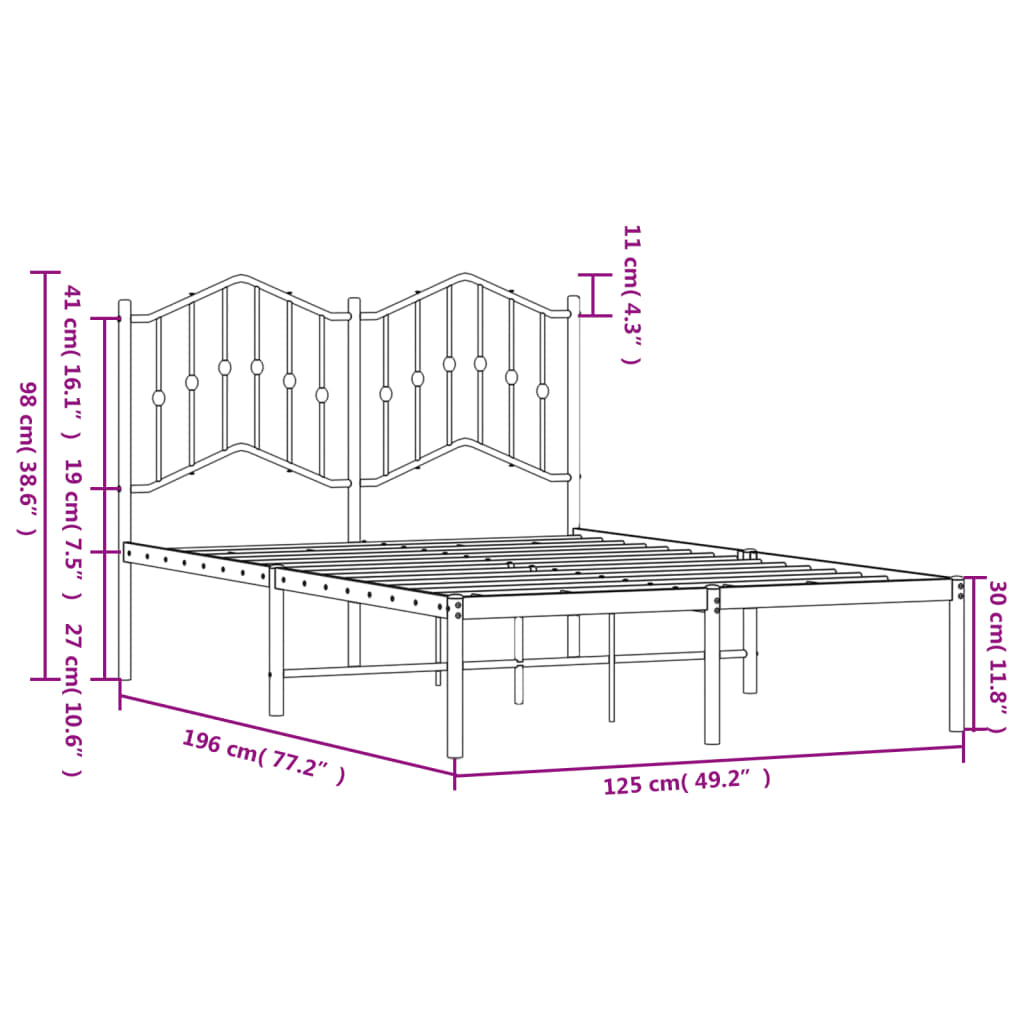 Metal Bed Frame without Mattress with Headboard Black 120x190cm