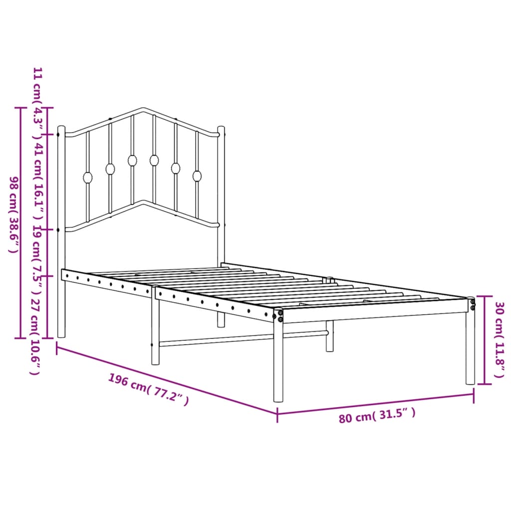 Metal Bed Frame without Mattress with Headboard White 75x190cm