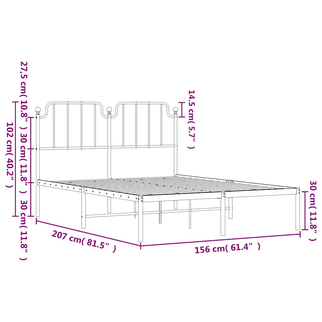Metal Bed Frame without Mattress with Headboard Black 150x200cm