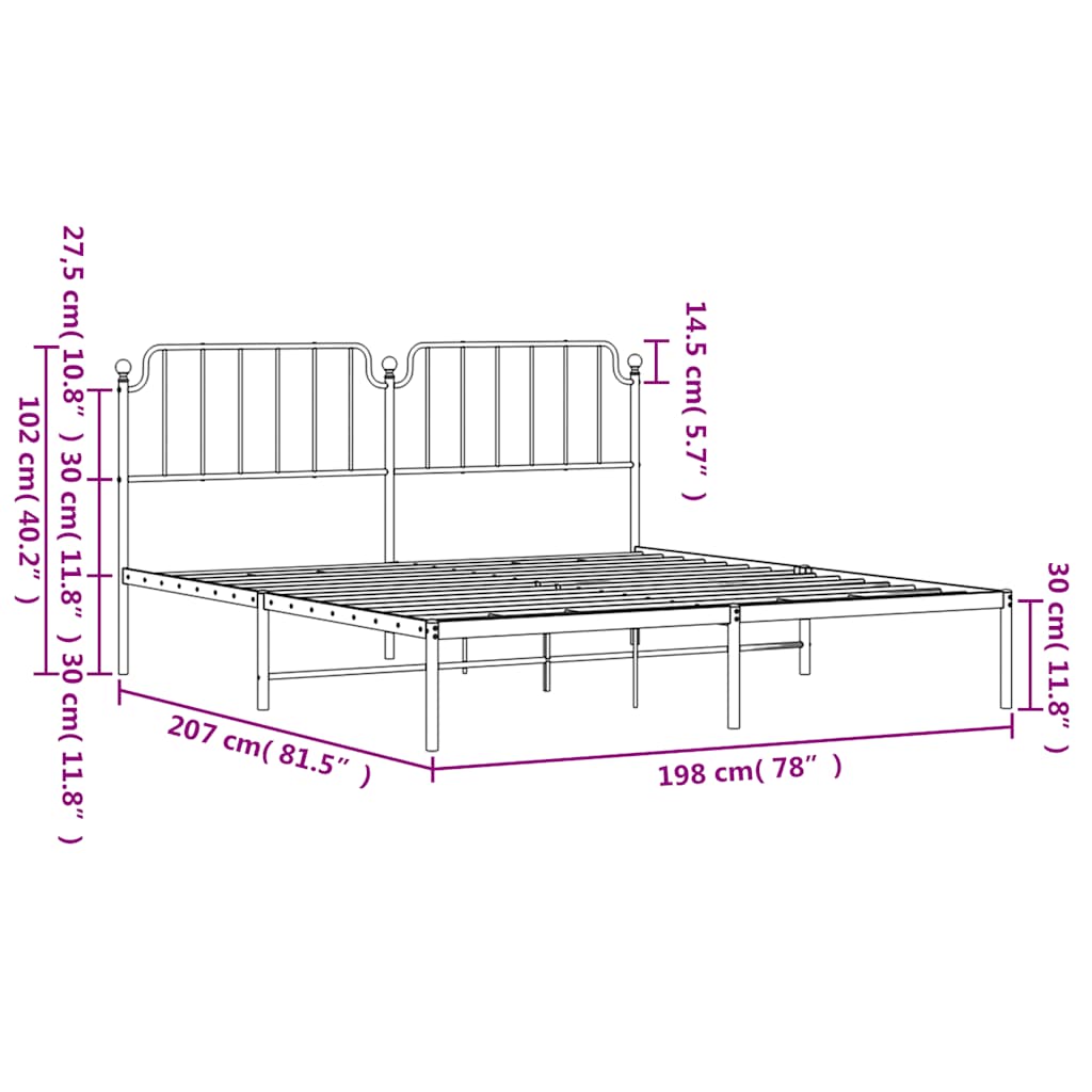 Metal Bed Frame without Mattress with Headboard Black 193x203cm