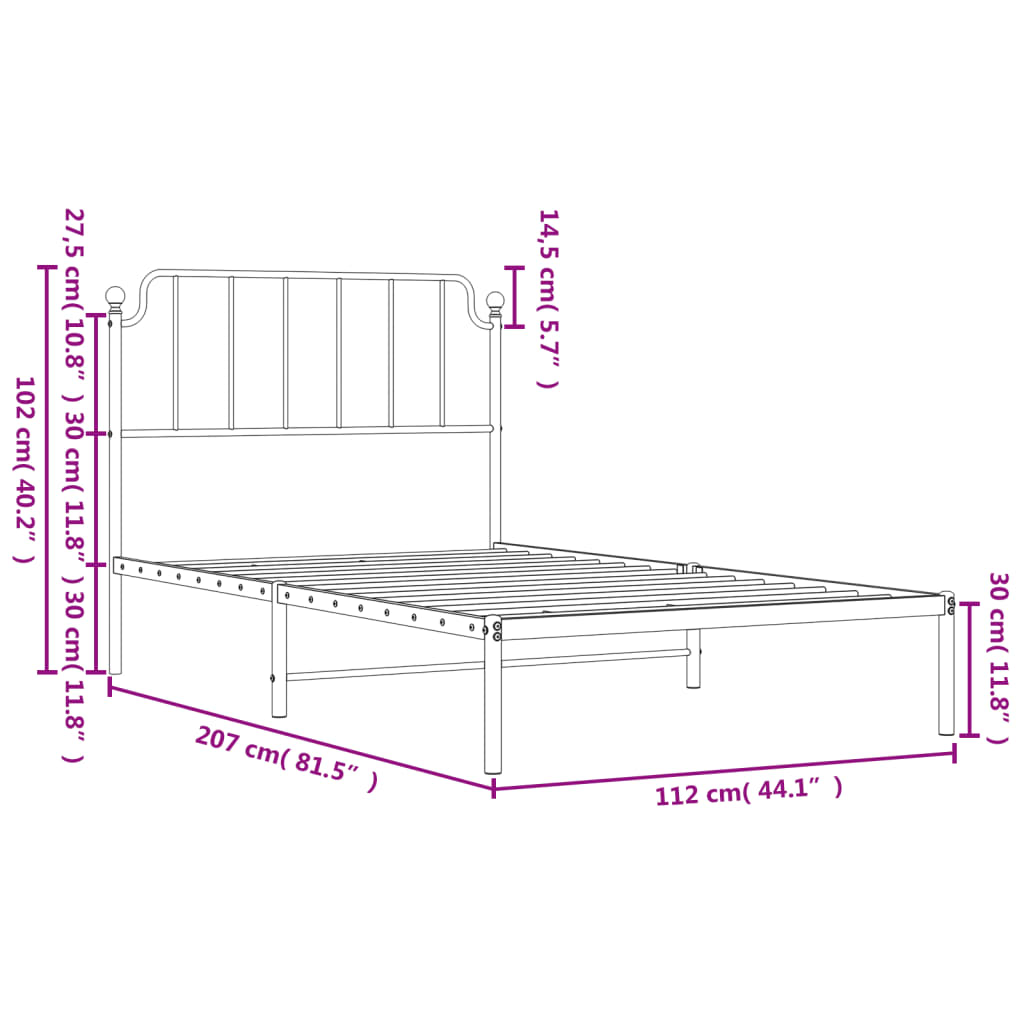 Metal Bed Frame without Mattress with Headboard White 107x203cm