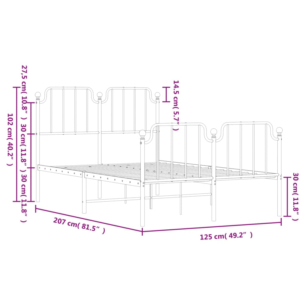 Metal Bed Frame without Mattress with Footboard White 120x200cm