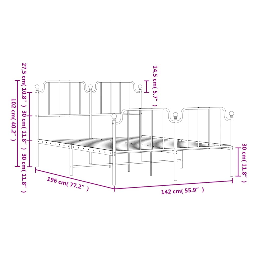Metal Bed Frame without Mattress with Footboard White 135x190cm
