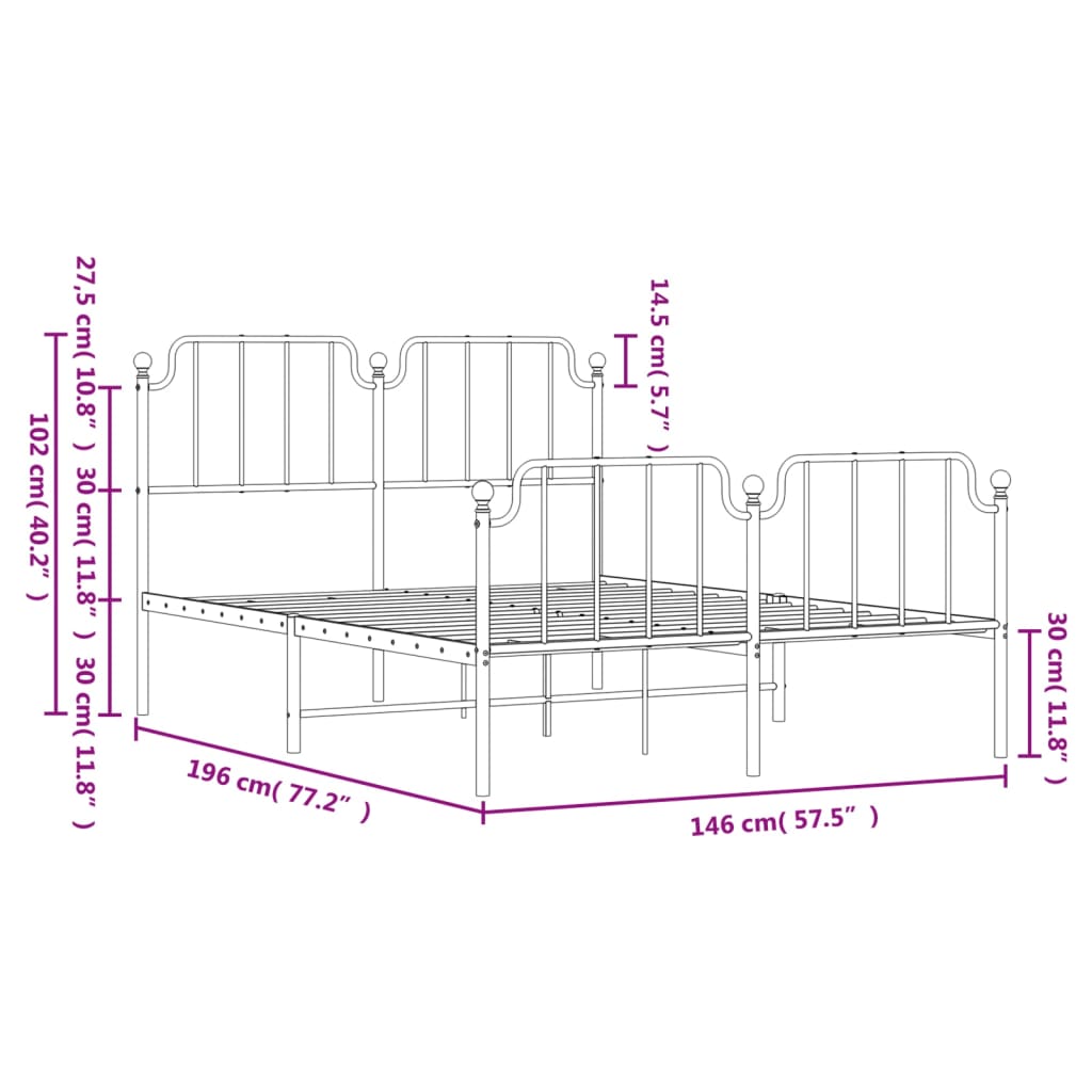 Metal Bed Frame without Mattress with Footboard White 140x190cm