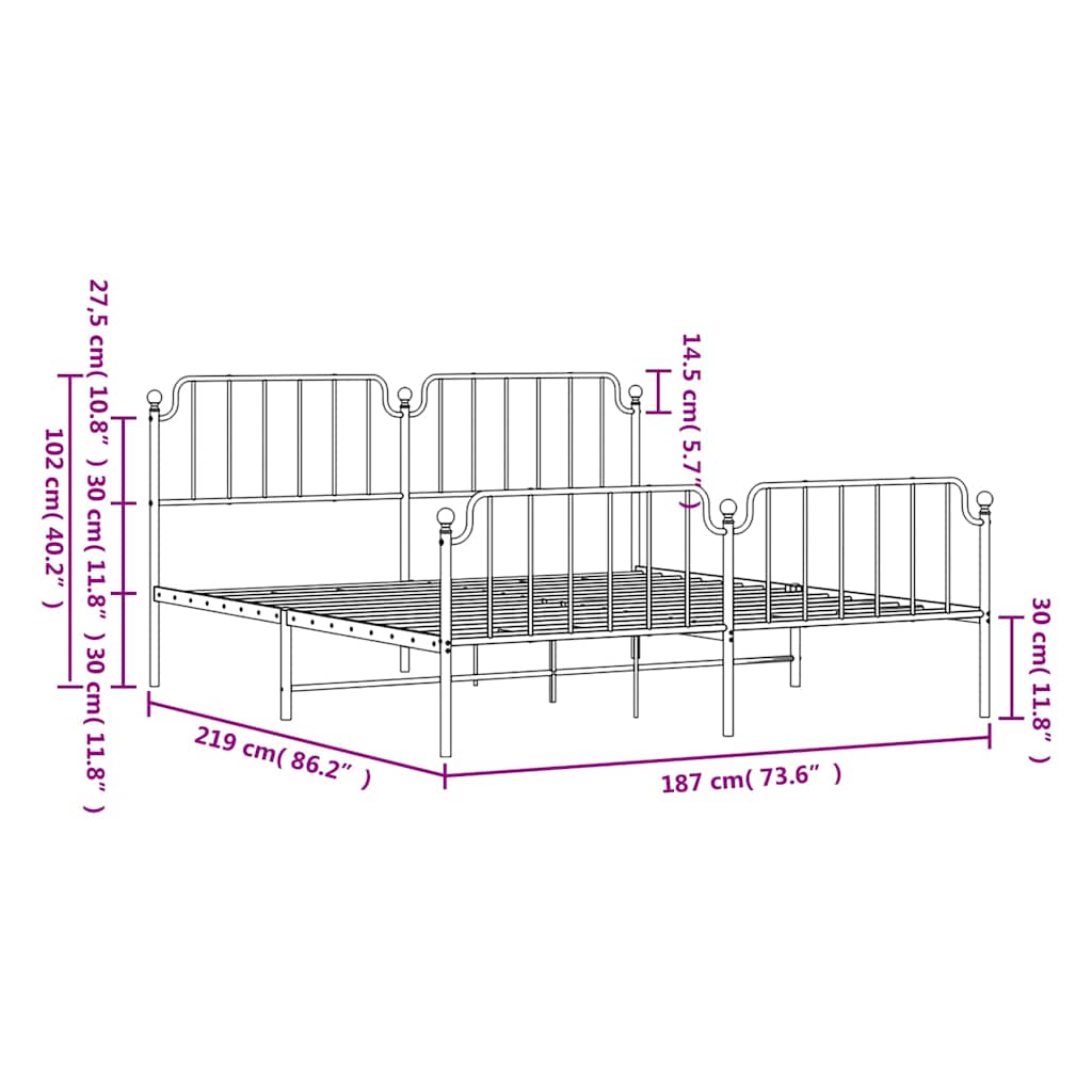 Metal Bed Frame without Mattress with Footboard White 183x213cm