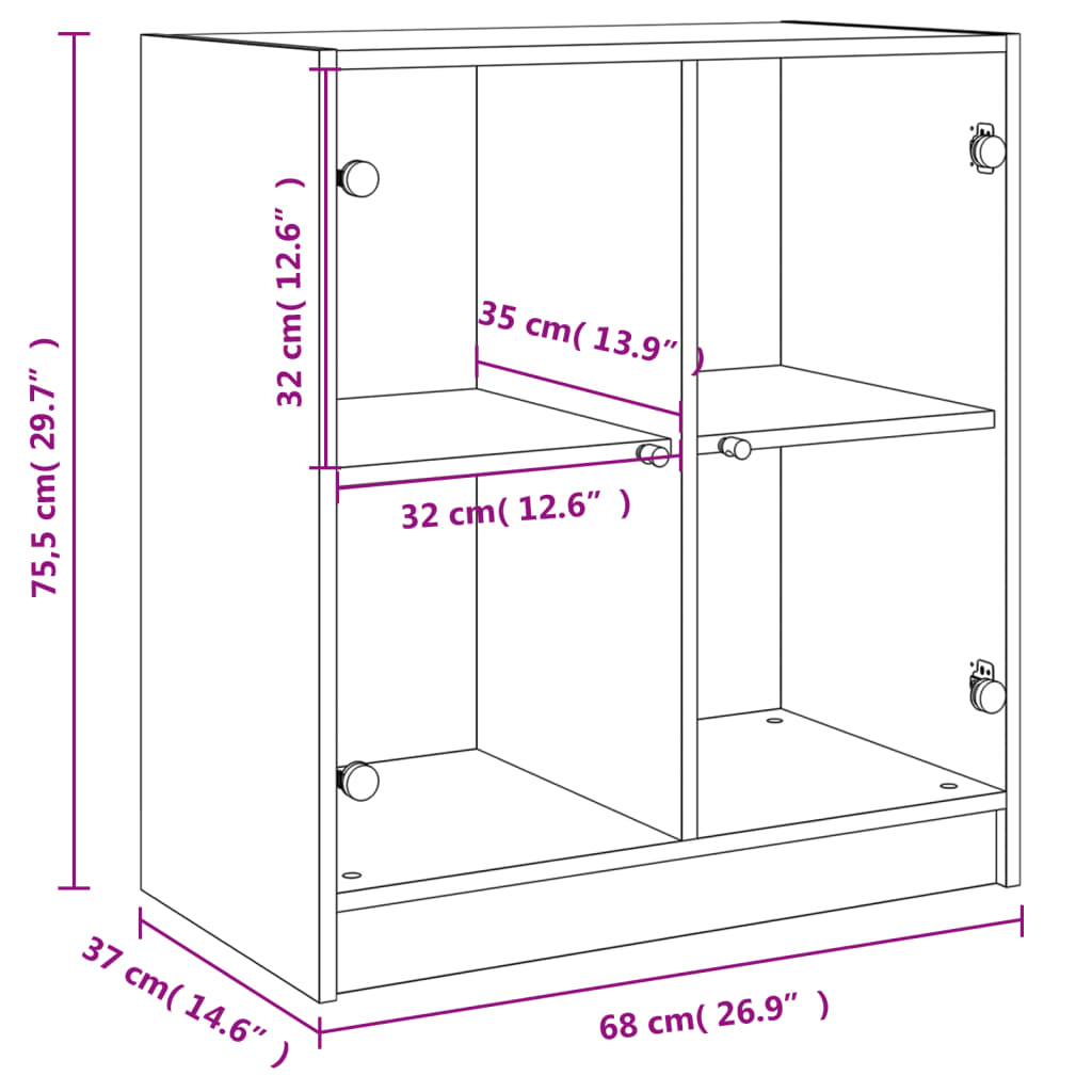 Side Cabinet with Glass Doors Grey Sonoma 68x37x75.5 cm