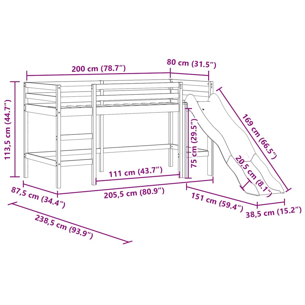 Kids' Loft Bed without Mattress with Slide Black 80x200 cm