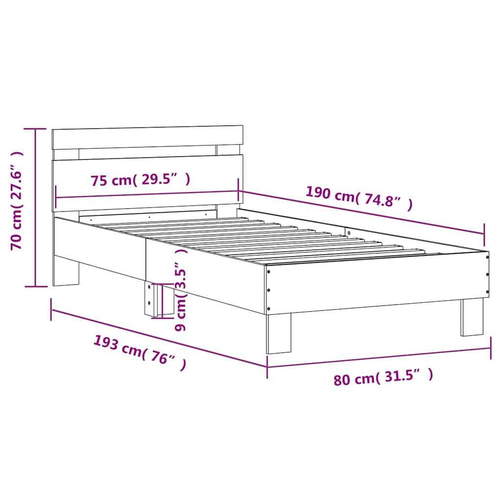 Bed Frame without Mattress with Headboard Sonoma Oak 75x190 cm Small Single