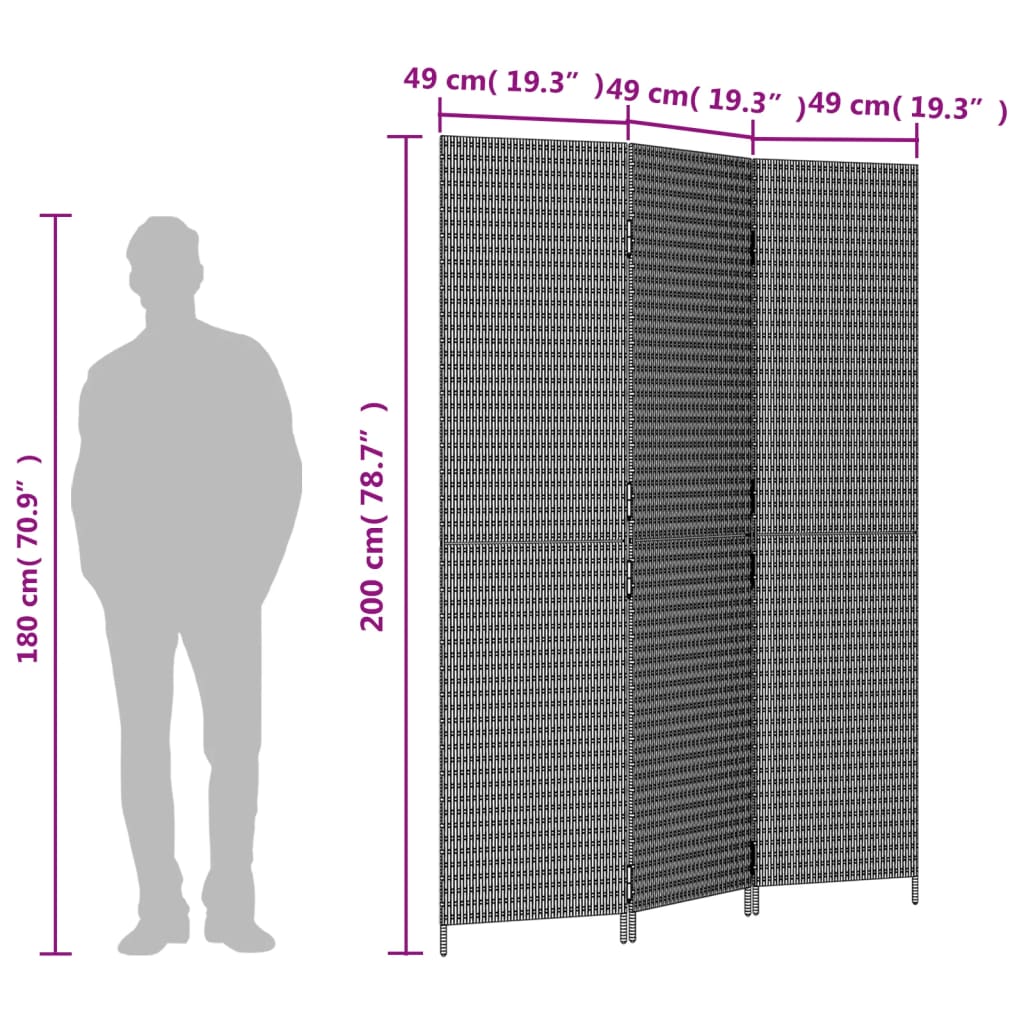 Room Divider 3 Panels Black Poly Rattan