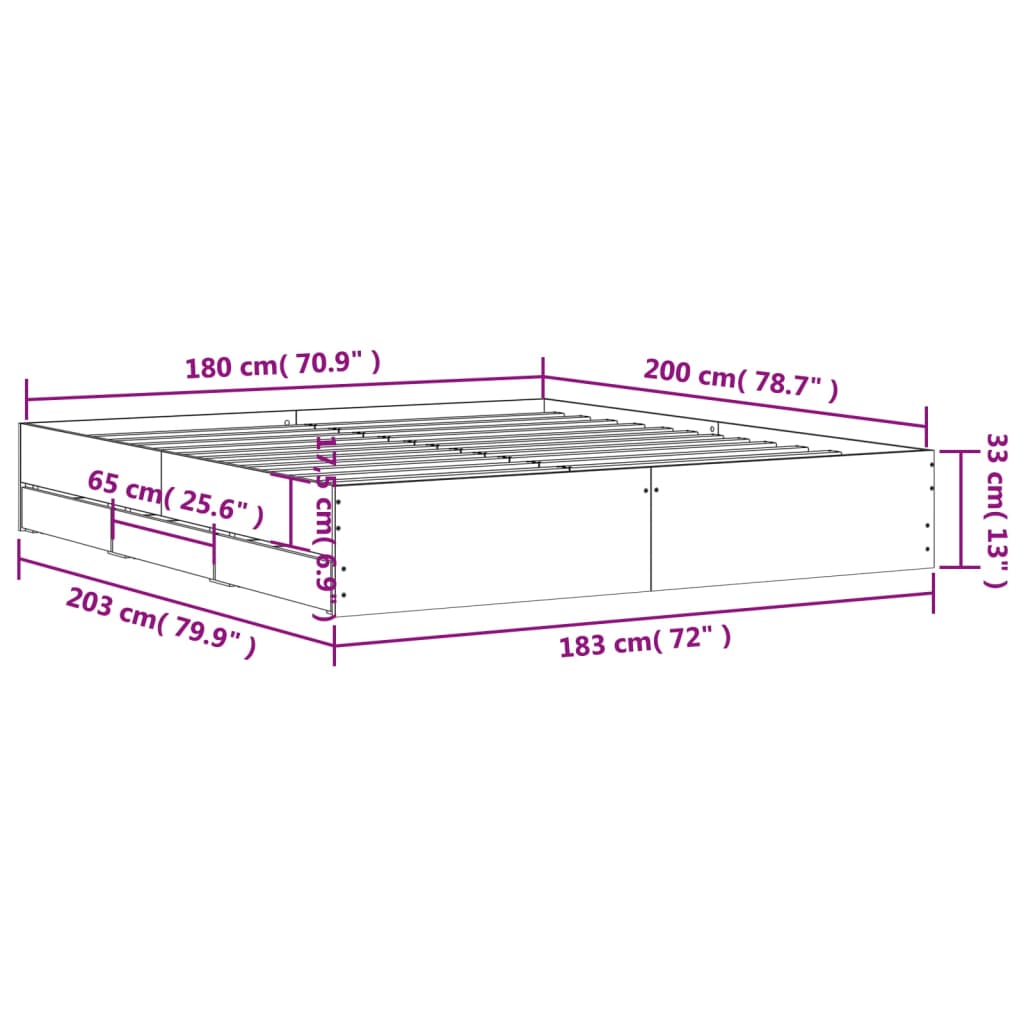 Bed Frame with Drawers without Mattress Black 180x200 cm Super King