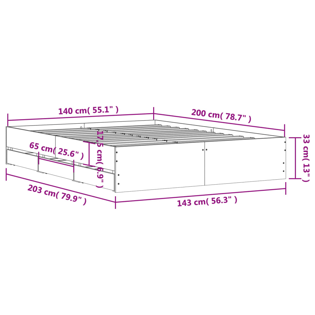 Bed Frame with Drawers without Mattress Grey Sonoma 140x200 cm