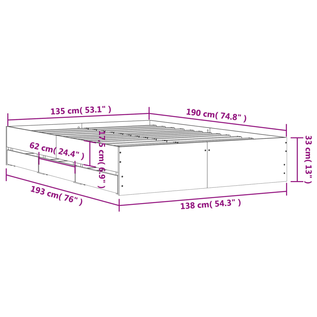 Bed Frame with Drawers without Mattress White 135x190 cm Double