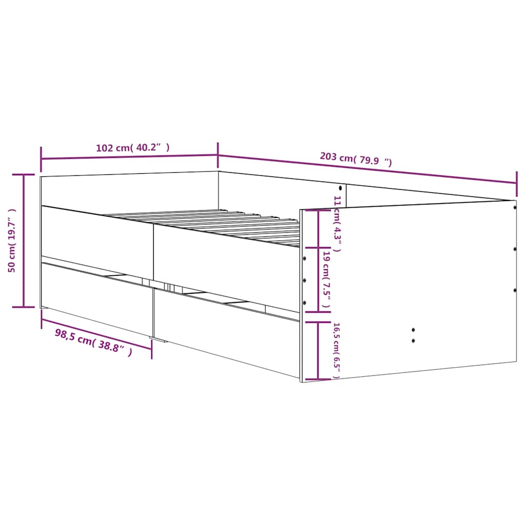 Bed Frame with Drawers without Mattress Black 100x200 cm