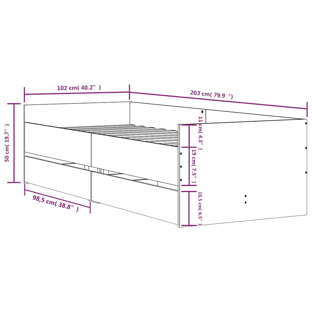 Bed Frame with Drawers without Mattress Smoked Oak 100x200 cm