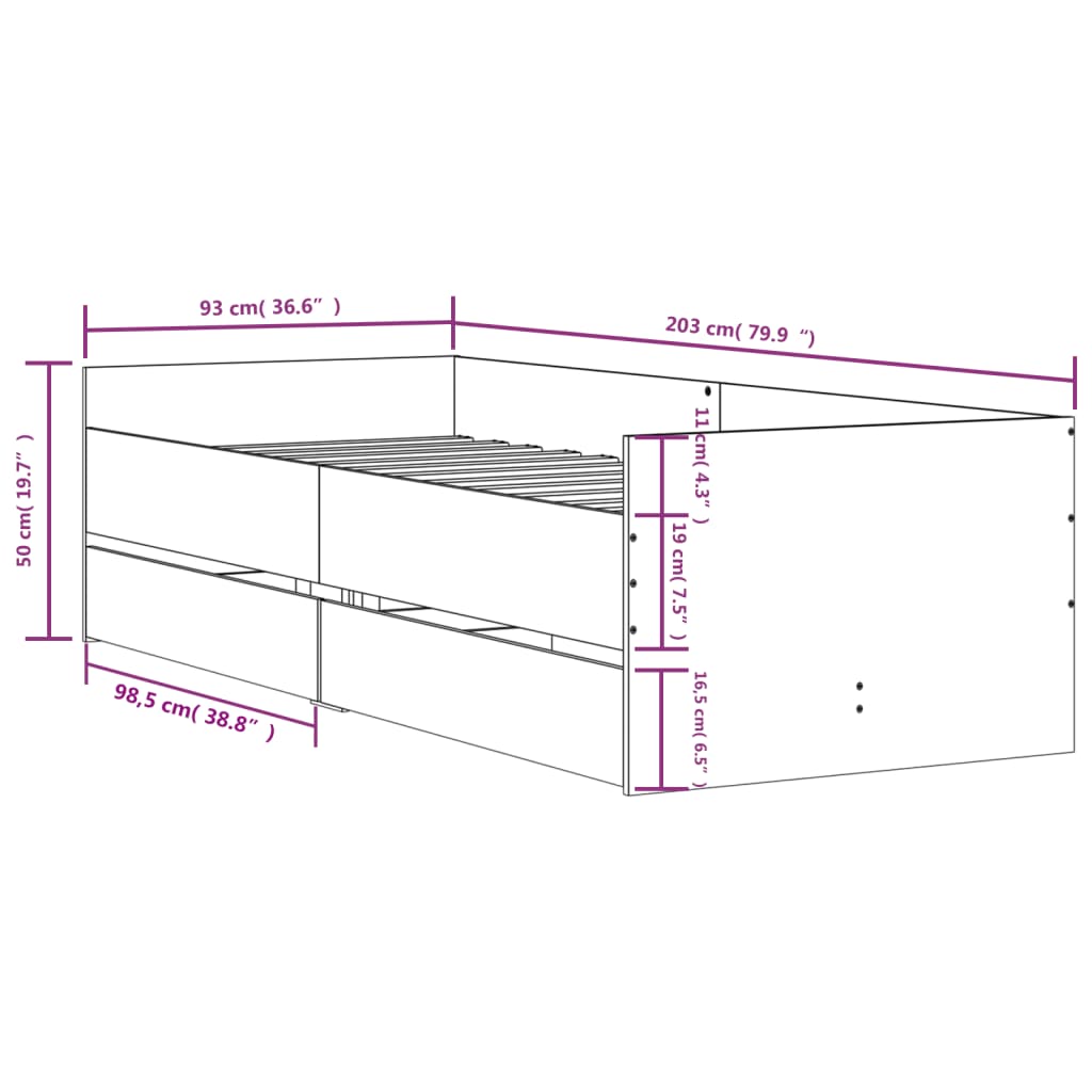 Bed Frame with Drawers without Mattress Concrete Grey 90x200 cm