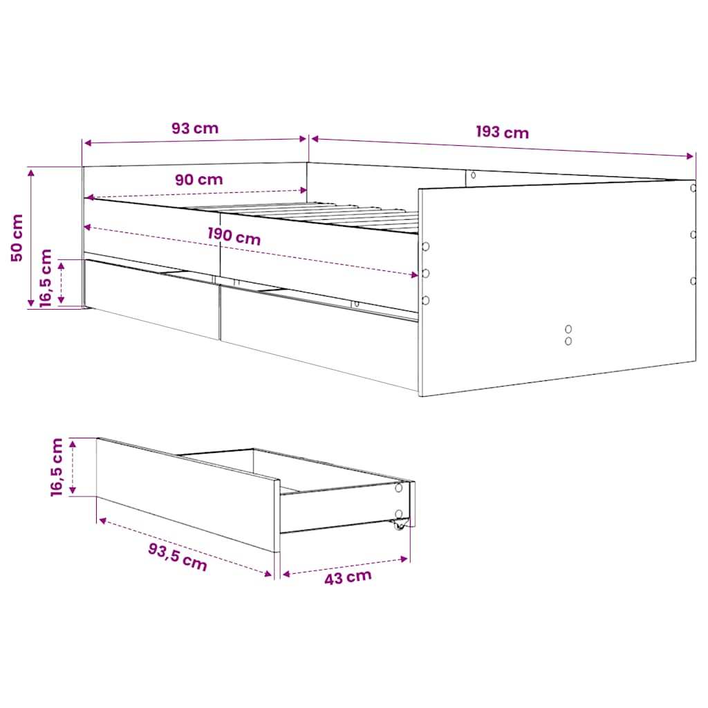 Bed Frame with Drawers without Mattress Grey Sonoma 90x190 cm Single